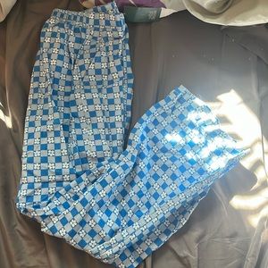 blue floral checkered flare pants
